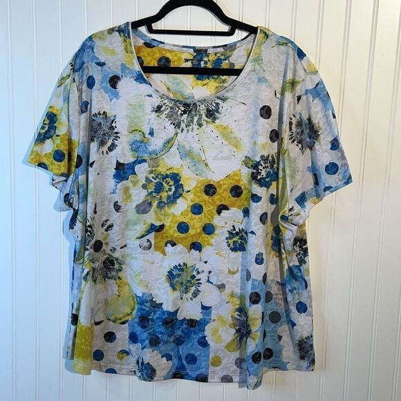 Allison Daley Pullover Top Women 3Xlarge Embellished Rhinestone Floral Short SLV - Picture 1 of 10